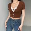 Y2K укороченные топы с кружевной отделкой, коричневая хлопковая футболка на пуговицах с коротким рукавом и v-образным вырезом в стиле ретро, ​​базовая повседневная женская футболка в стиле Харадзюку
