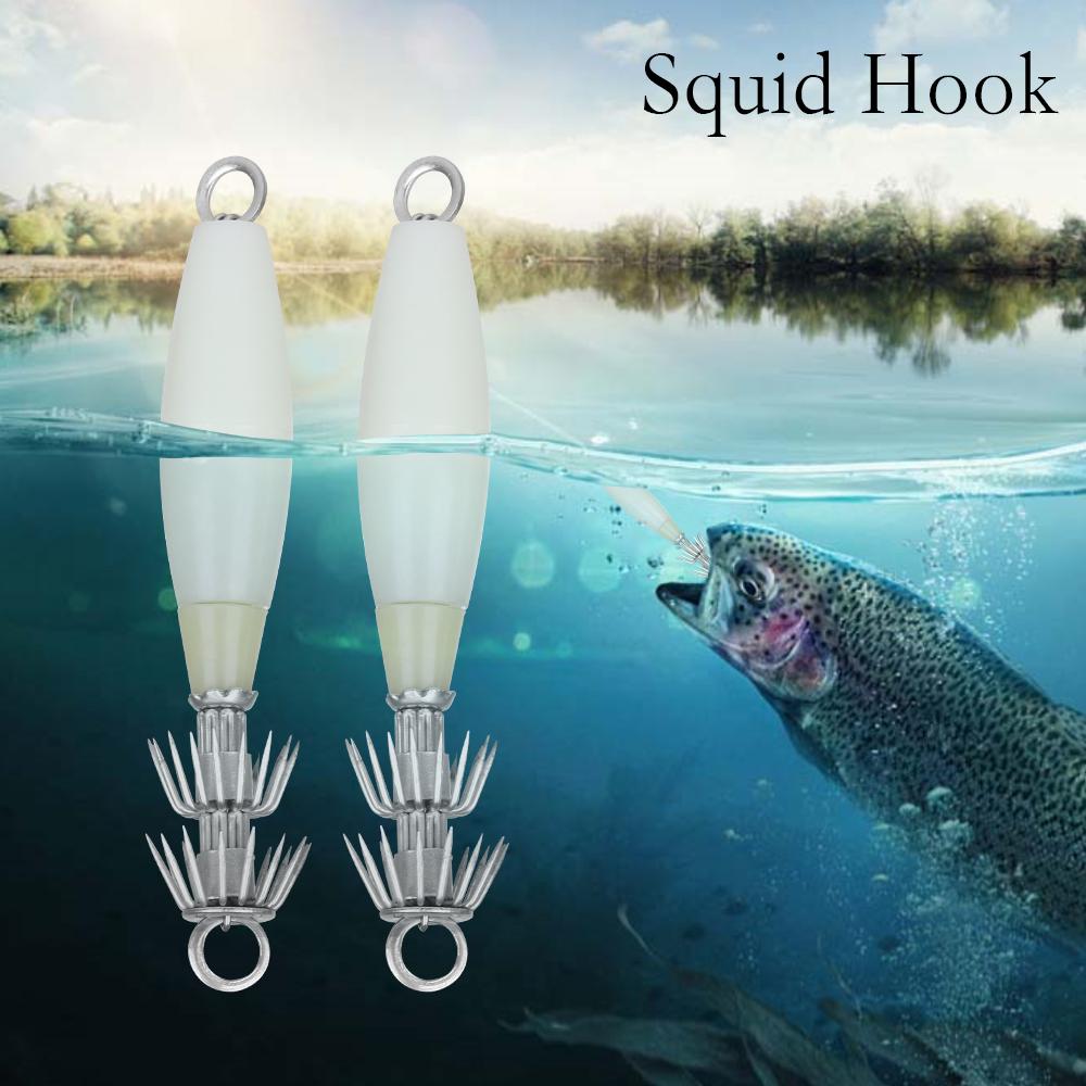 1/5PCS Noctilucent Jigs Luminous Squid Hook Wood Shrimp Lures Fishing Tackle Octopus Bait