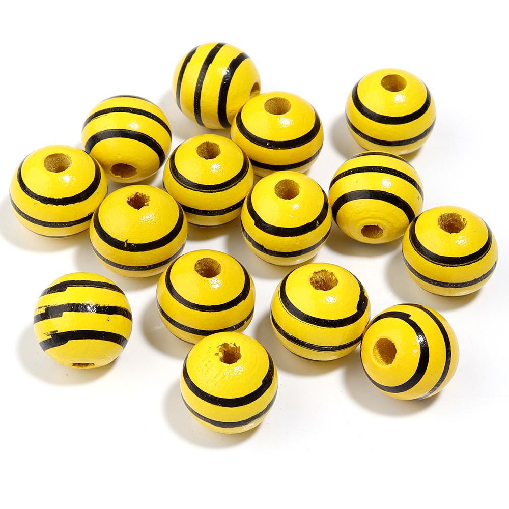 20Pcs 16mm Natural Wood Beads Colorful Stripe Heart  Printing Large Hole Round Beads DIY Craft Bracelet Kid's Toy  Accessories