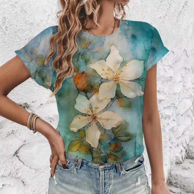 Элегантная женская футболка с художественным цветочным узором, модная футболка с 3D-печатью, популярная женская футболка с короткими рукавами Ummer Leisure