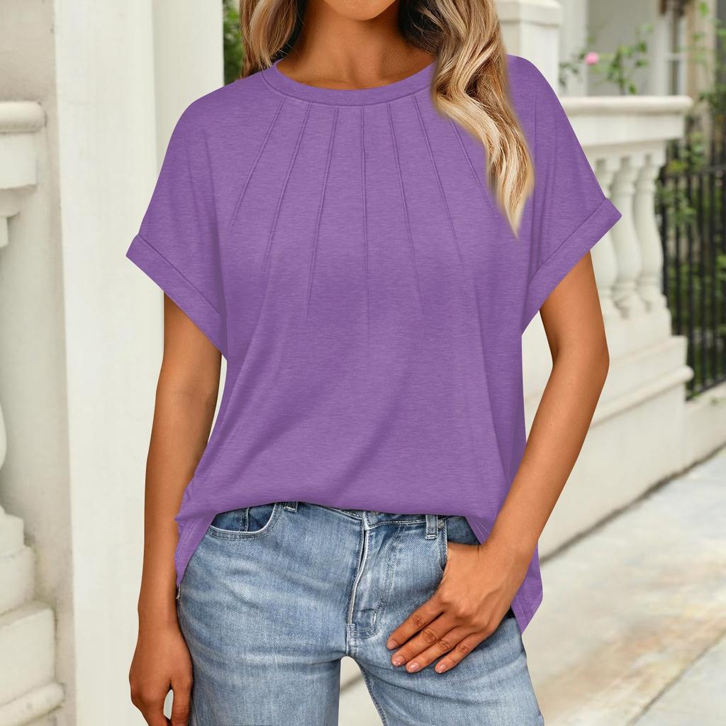 Women's Fashion Loose Casual Summer T-Shirt Pleated Short Sleeve Solid Color Top