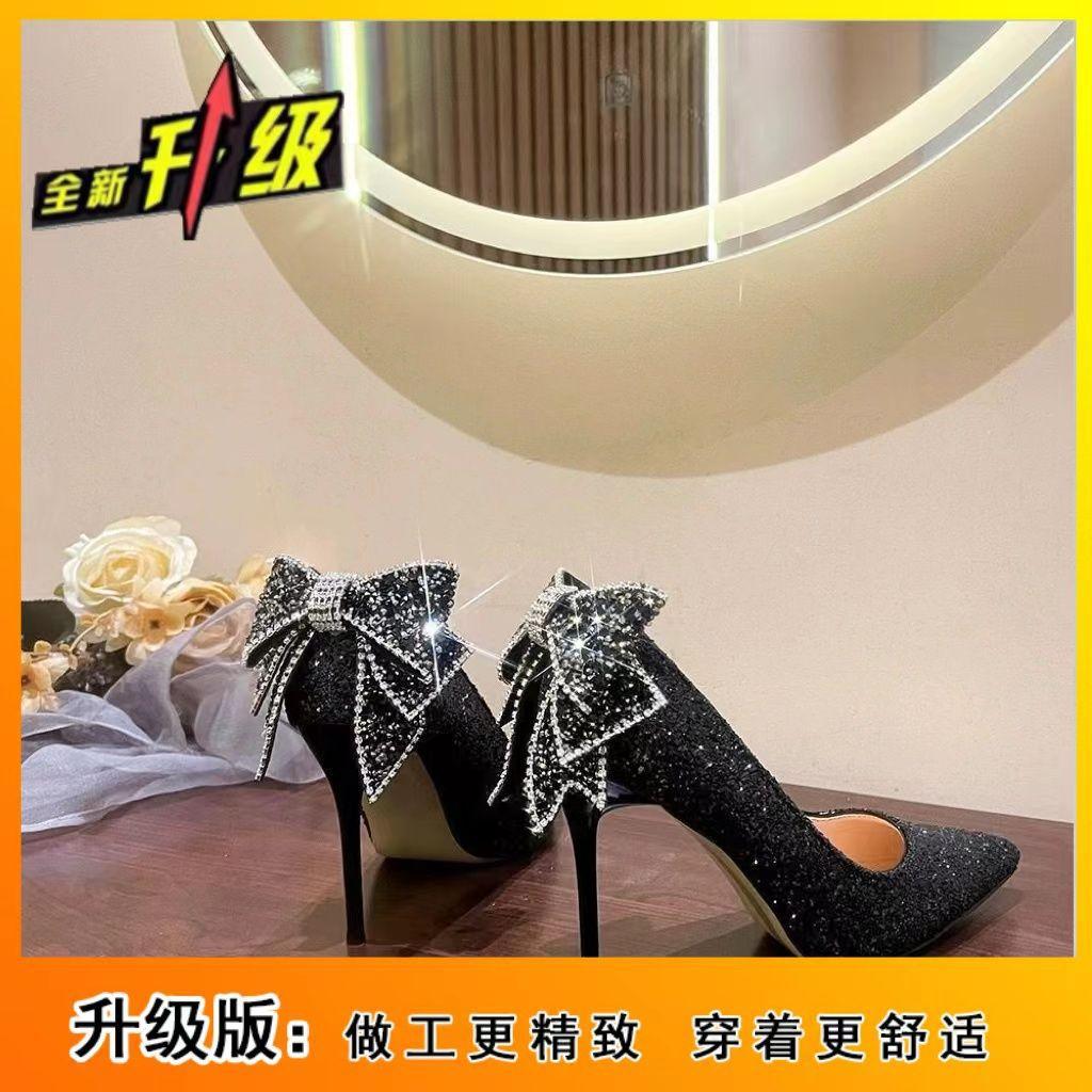Pointed Silver Sequined High Heels Women's 2025 New Thin Heel Rhinestone Bow Wedding Shoes Temperament Crystal Single Shoes