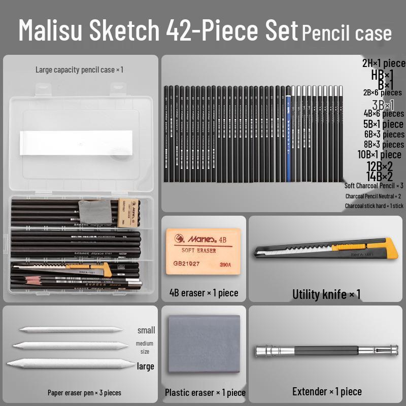 Mali Student Sketching & Drawing Pencil Set: Includes 2B, 4B, 14B soft, medium, hard, and charcoal pencils ideal for art exams.
