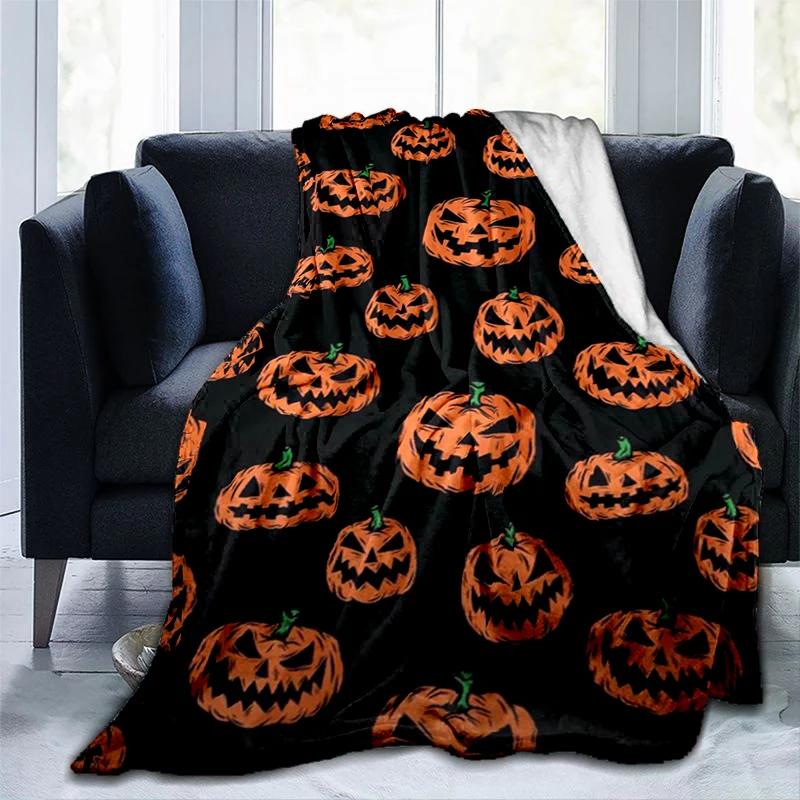 Halloween Pumpkin&horror Ghost Printed Blanket, Fashionable Warm Flannel Blanket, Sofa Bed Cover Blanket, Halloween Gift