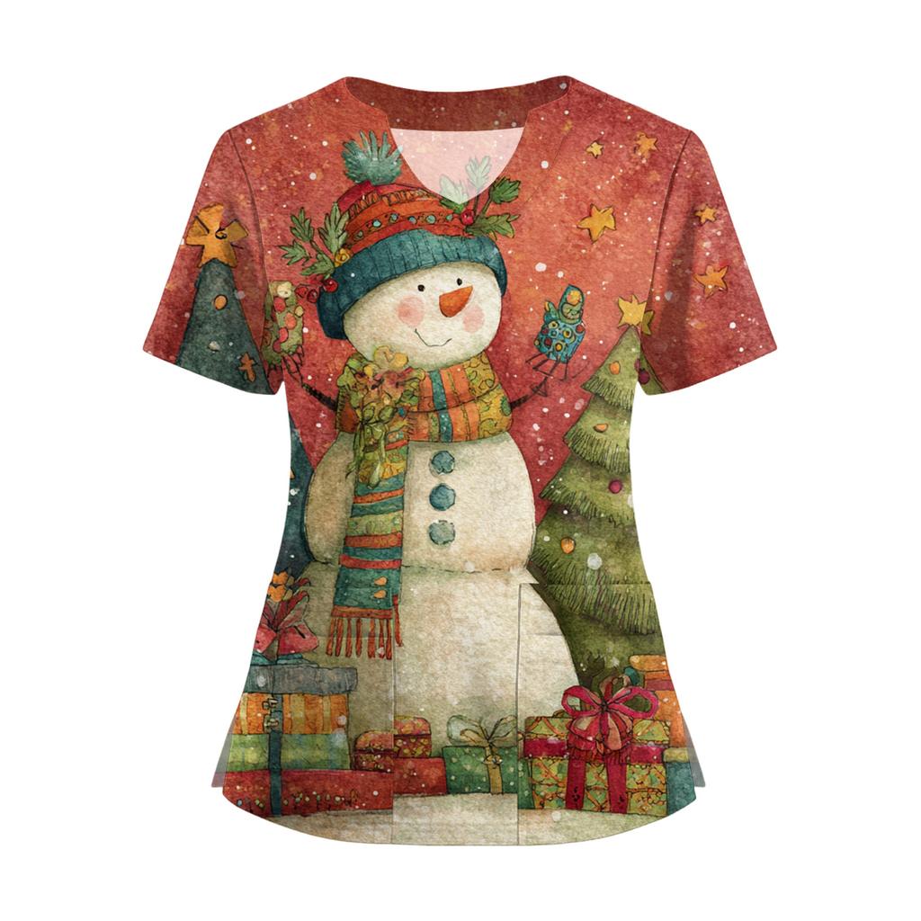 Женская футболка с коротким рукавом, рождественским принтом, V-образным вырезом, на пуговицах сбоку и разрезом