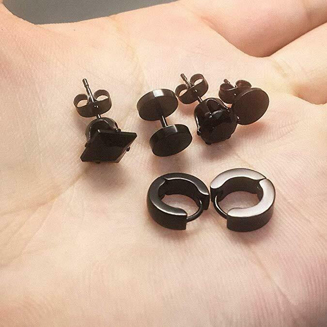 6 Pairs Stainless Steel CZ Stud Earrings Huggie Hoop Ear Piercing for Women Men Set Fashion Jewelry