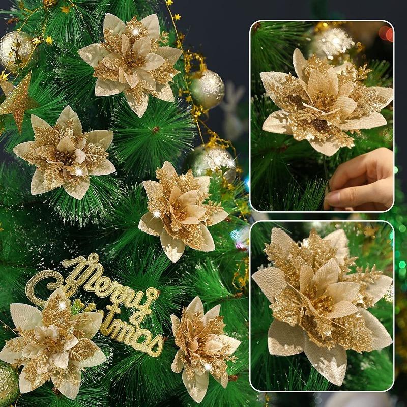 10/50pcs Artificial Glitter Christmas Flowers for Xmas Tree Ornament Fake Flower Floral New Year Party Home Decoratio