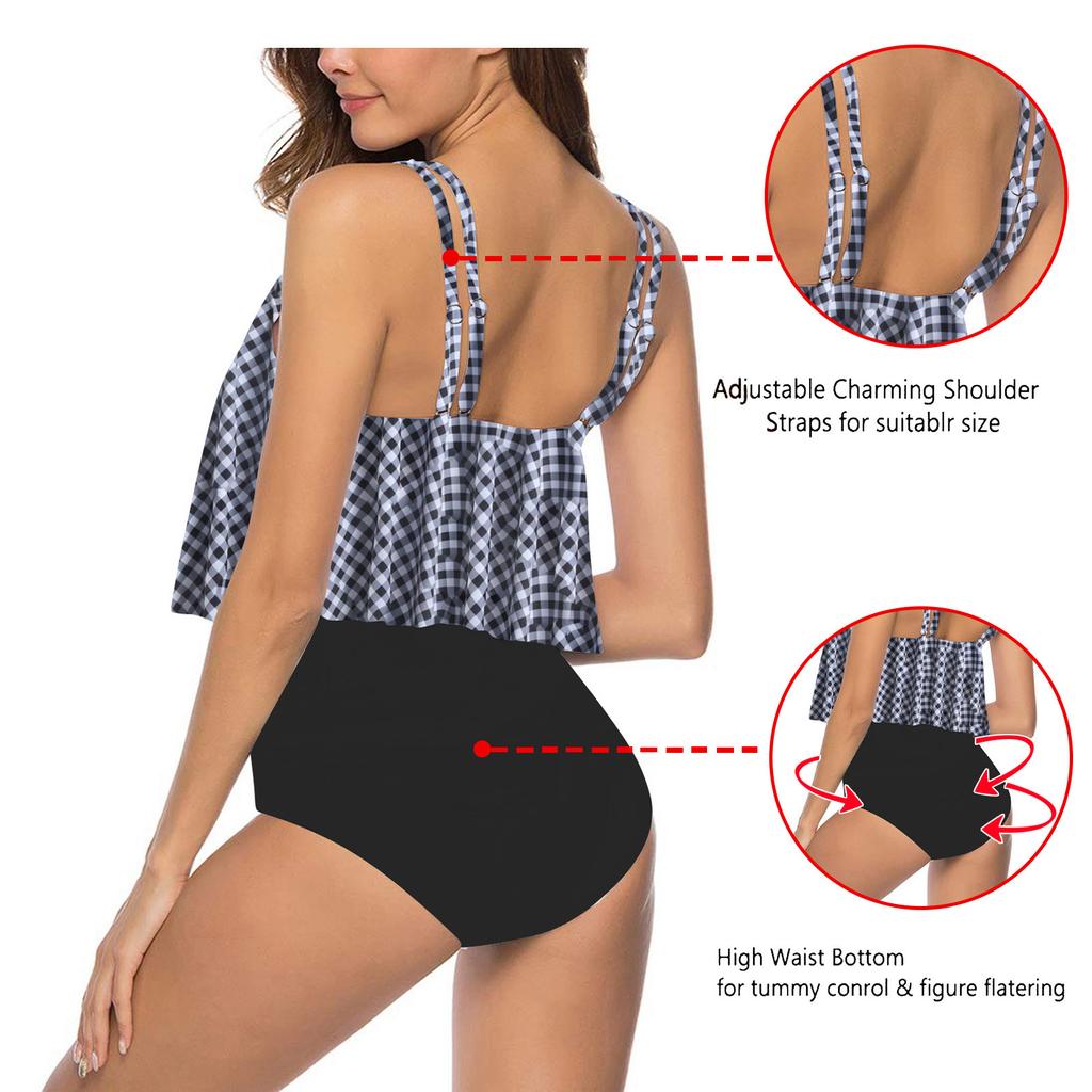 Бикини с рюшами и принтом закрывает живот и демонстрирует тонкий разделенный купальник для женщин