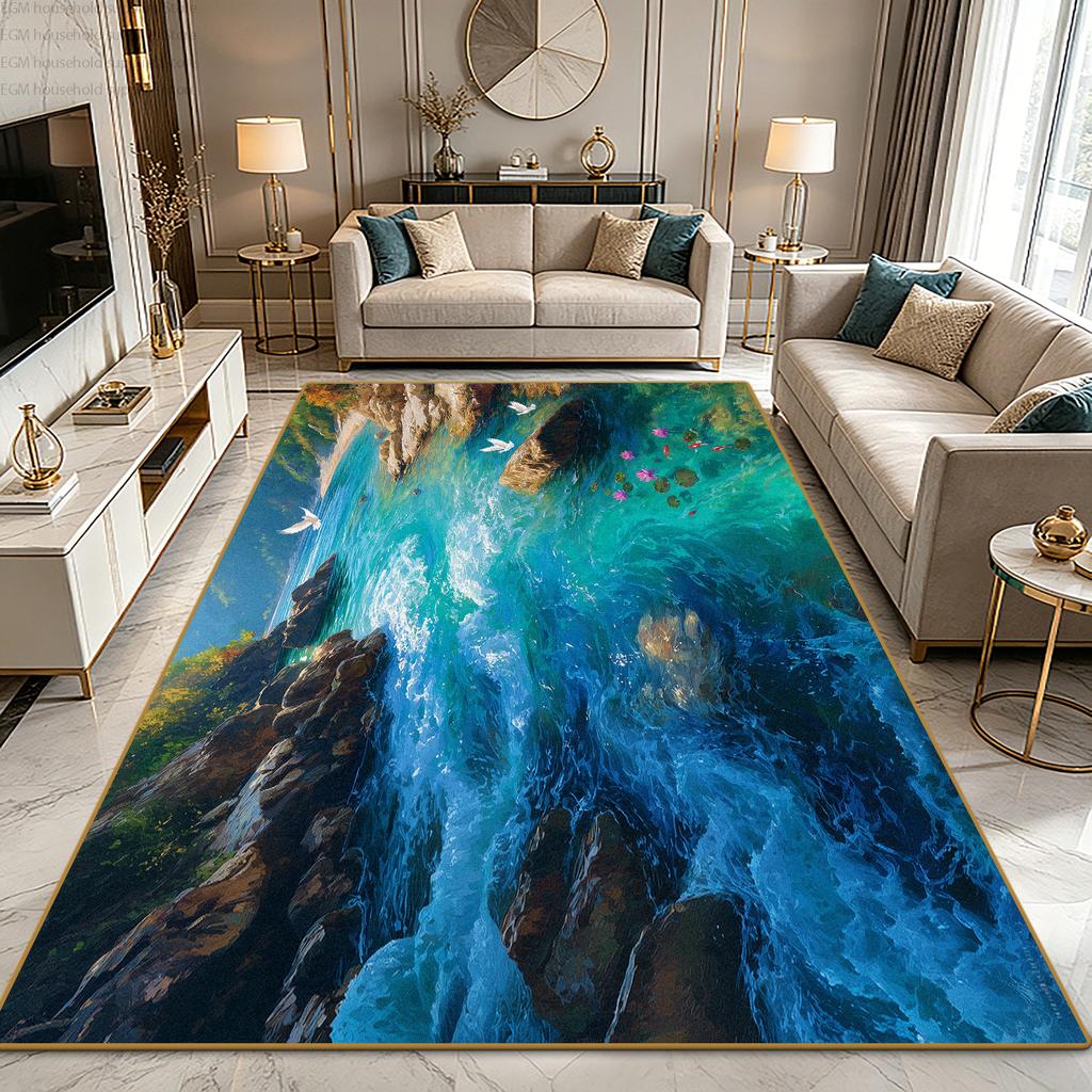 Blue Water Ocean 3D Modern Scenery Carpet Nature Print Living Room Decoration Aesthetic Rug Non-slip Bedroom Washable Floor Mats