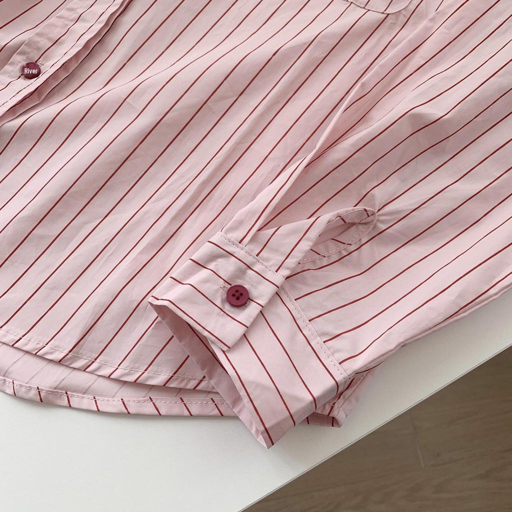 Women's Pink Pinstripe Embroidered Polo Collar Long Sleeve Shirt - Korean Spring Design