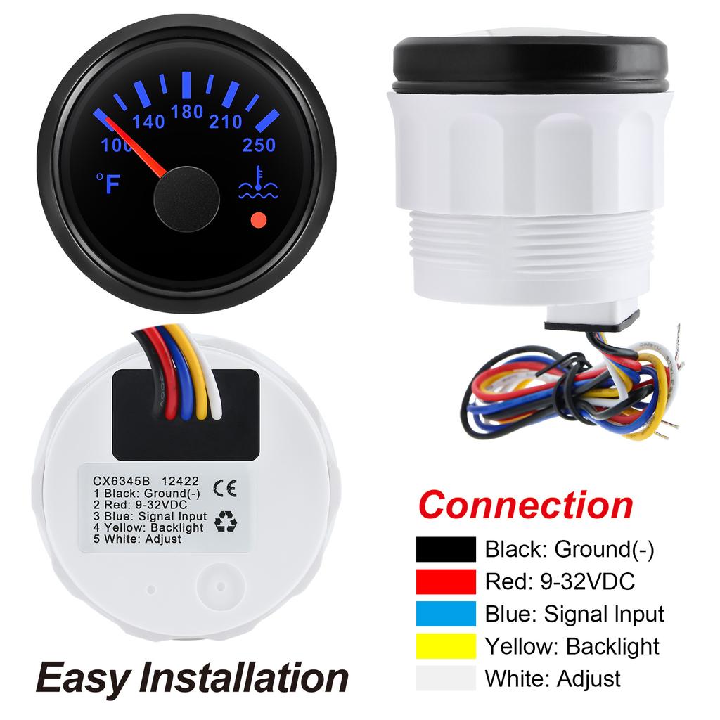 100~250℉ 2"52mm Water Temperature Gauge with Flashing Alarm 7 Color Backlight Water Temp Meter Indicator Car Boat Yacht Custom