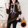 Autumn and Winter Plus Velvet Thick Hooded Sweater Women's Mid-length Loose Fashion Cartoon Rabbit Pattern Sweater