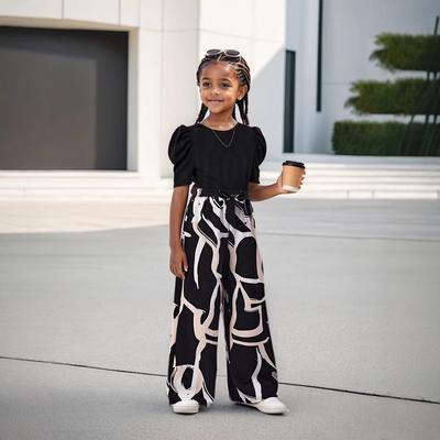 Повседневный топ с пышными рукавами и цветочным принтом для девочек, комплект с широкими брюками, летний модный комплект для детей