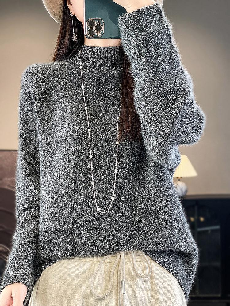 Women's Pure Wool Half-High Collar Sweater, Loose Fit, Cashmere Base Layer, Retro Jacquard Knit Pullover