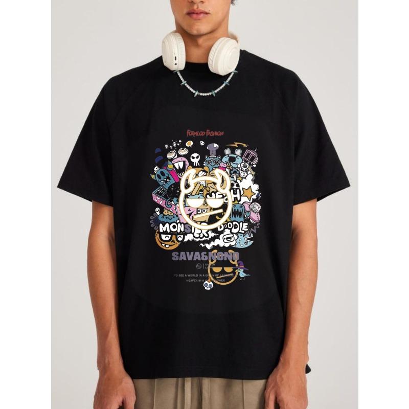 Black T Shirt Monster Doodle Print Savageland Graphic Design Casual Streetwear Men's Top Daily Wear Fashion Statement
