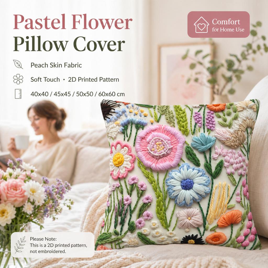 2D Flat Printed Faux Embroidery Floral Peach Skin Pillow Cover Spring Botanic Cushion Cover For Sofa Living Room Decor 45X45