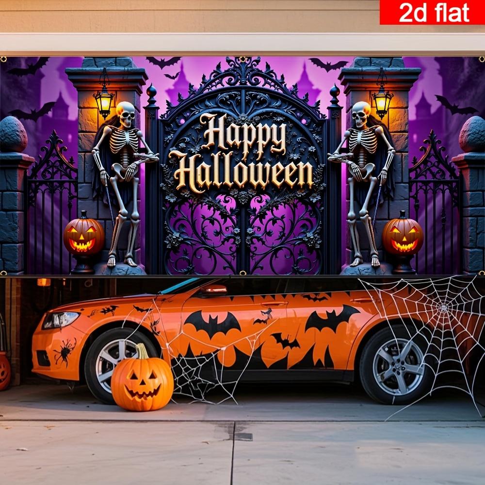 2D door banner, Halloween garage cover, with black iron frame and gold decoration