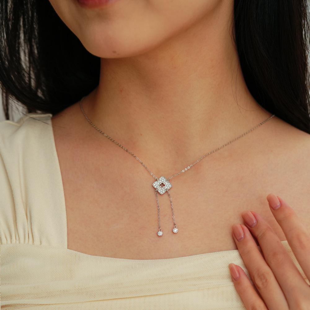 Vvs1 D Gra Full Moissanite Necklace Trendy 925 Sterling Silver Four Leaf Clover Tassel Design Boho Jewelry For Women