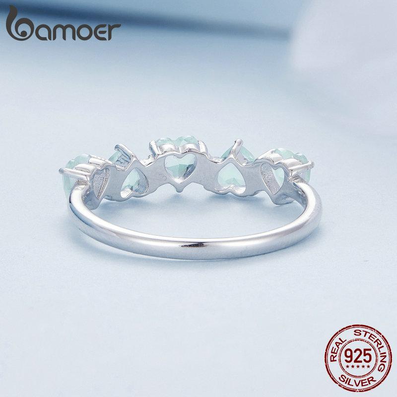 BAMOER 925 Stelring Silver Ocean Blue Heart Cubic Zirconia Wedding Rings Women Romantic Heart-shaped Stackable Ring Birthday Jewelry Gift