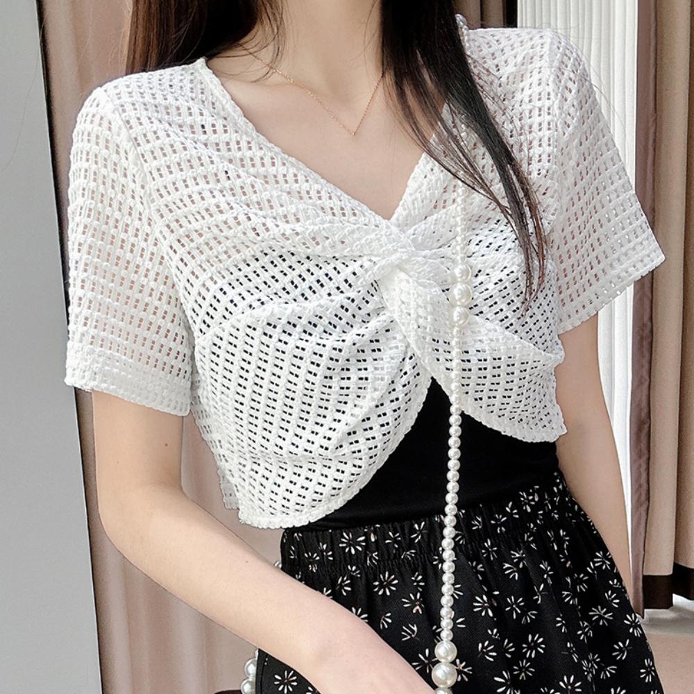 Short Sleeve Mesh Knitted Pullover Top V-neck Sun Protection Shawl T Shirt Beach