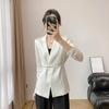 Elegant White Blazer for Women with Single Button Closure and Waist Cinching Detail, Ideal for Spring/Summer