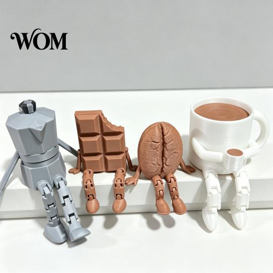 Dual-color Decorative Statue 3D Printed Articulated Coffee Cup Figure, Movable Joint Desk Statue, Cute Fine Texture Print Bean Ornament, Creative