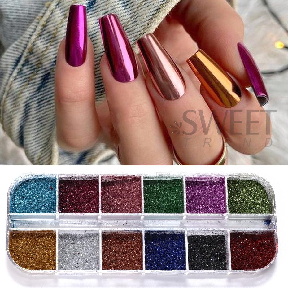 12 цветов металлического порошка пигмент для ногтей голографическое зеркало металлическая мелкая втирка на ногтях пыль блестки УФ-гель лак украшение для ногтей