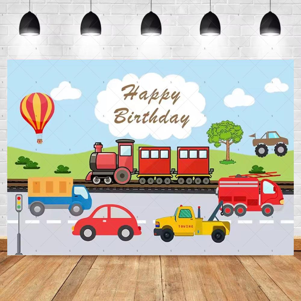 Cartoon Train Theme Birthday Party Decoration Number Balloons Cake Topper Transportation Vehicles Backdrop Banner Party Supplies