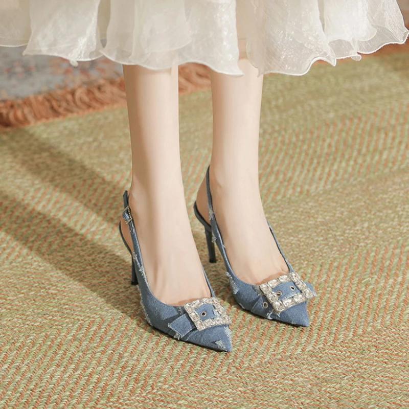 Модные женские сексуальные синие джинсовые туфли со стразами на высоком каблуке летние корейские модные босоножки с острым носком туфли-лодочки на тонком каблуке вечернее платье повседневная обувь