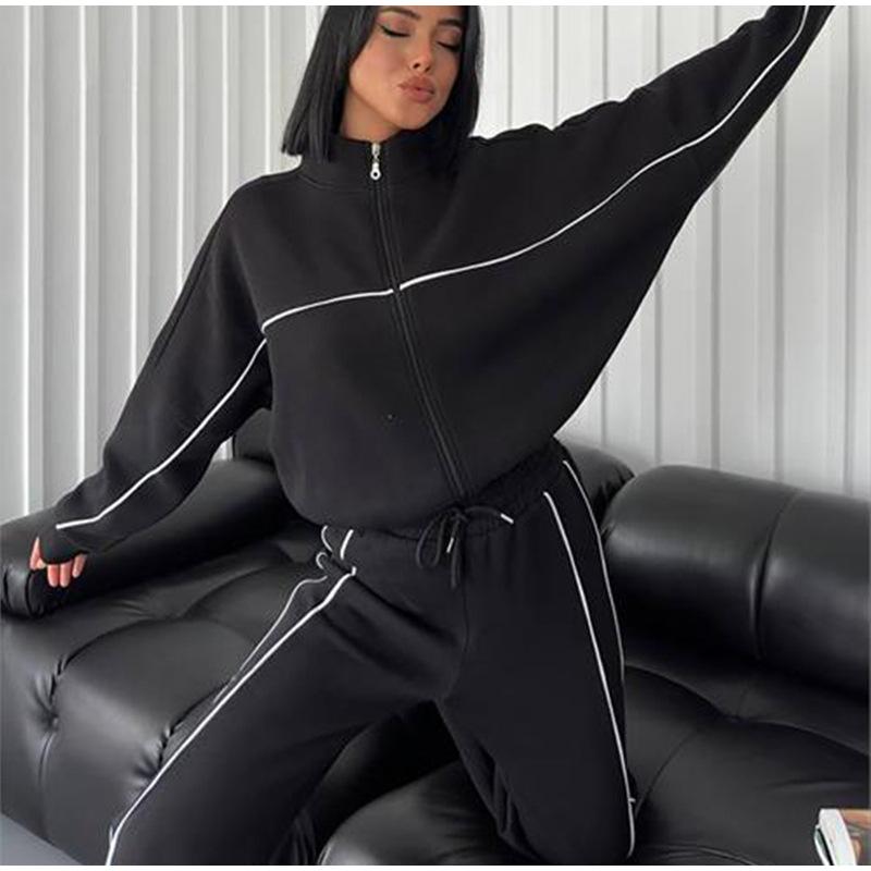 Женский повседневный свободный комплект из двух предметов на весну и осень, длинный рукав, воротник-стойка, толстовка с капюшоном на молнии, эластичный пояс, широкие брюки
