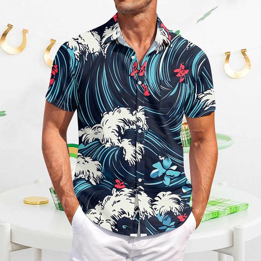 Мужская повседневная рубашка с короткими рукавами, облегающая, стильная, с гавайским принтом