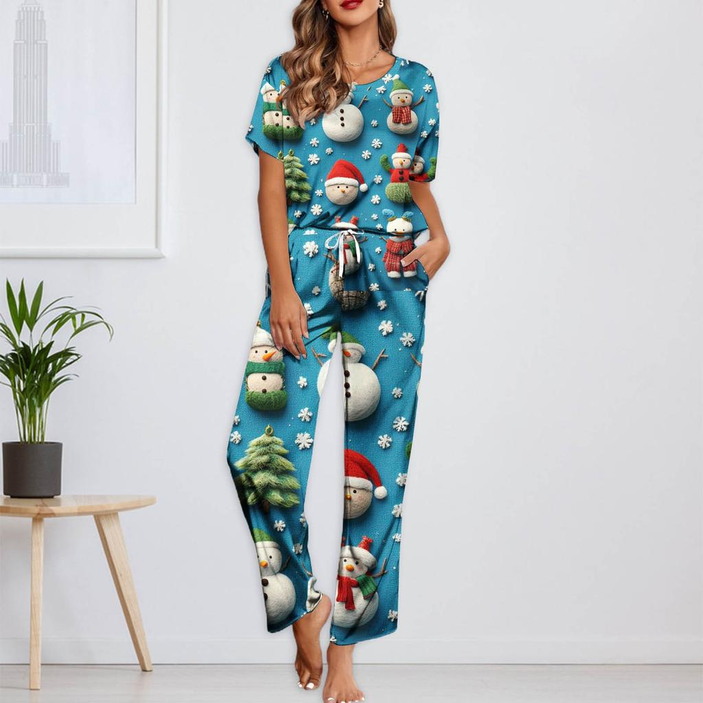 Женский шелковый атласный пижамный комплект с рождественским принтом, рубашка с коротким рукавом и длинные пижамные штаны, мягкая домашняя одежда