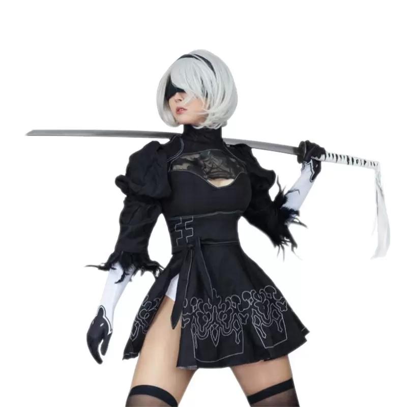 Сексуальный костюм для косплея Nier Automata Yorha 2B, аниме, женский наряд, маскировочный костюм, нарядный костюм на Хэллоуин, карнавал, вечерние девушки, черное платье + парик, комплект костюмов