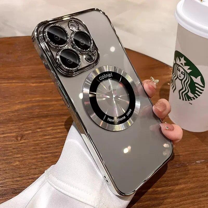 Роскошный магнитный чехол с пленкой для объектива для iPhone 14, 15, 13, 12, 11 Pro Max Plus, прозрачный защитный чехол для беспроводной зарядки, чехол для телефона