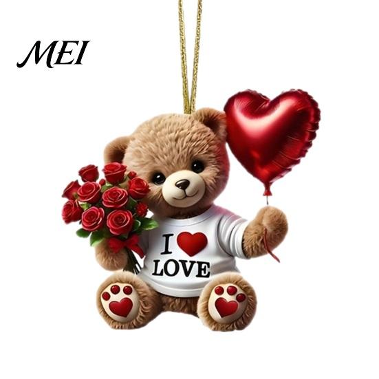 Acrylic Rose Decoration Teddy Bear Hanging Ornament, Holding Heart Balloon Red Bouquet Decoration, Ornament Car Rearview Mirror 2D Flat Pendant