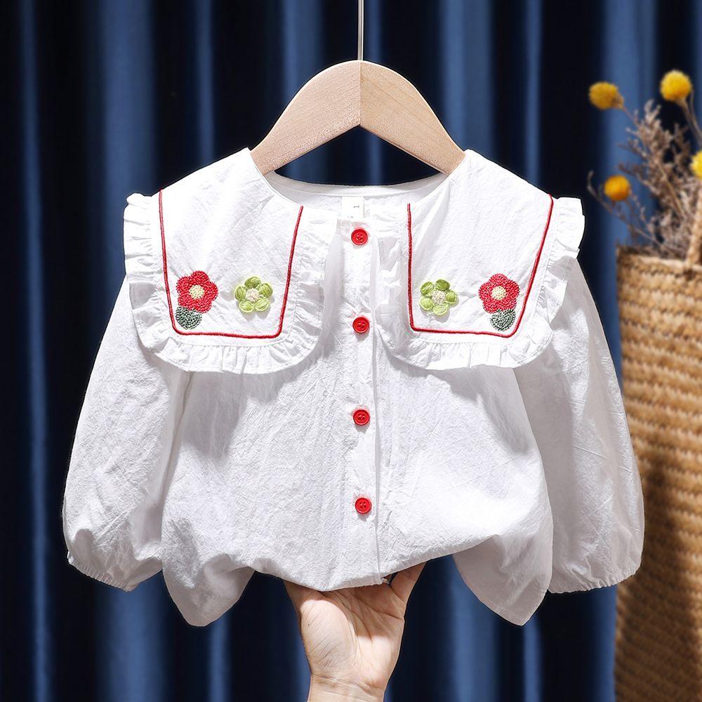 Рубашка с длинными рукавами для маленьких девочек, топ с цветочной вышивкой и лацканами, детская одежда