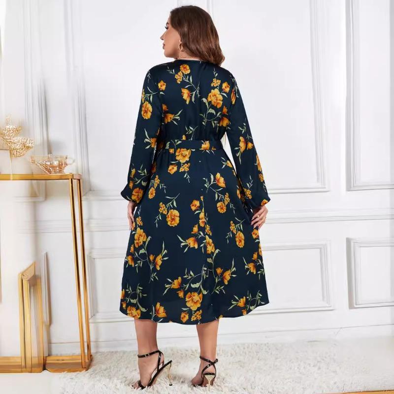 Long Sleeve V-neck Floral Print Dress for Women High Waist Slim Comfortable and Breathable Dress Casual Beach Vacation Plus Size Long Dress