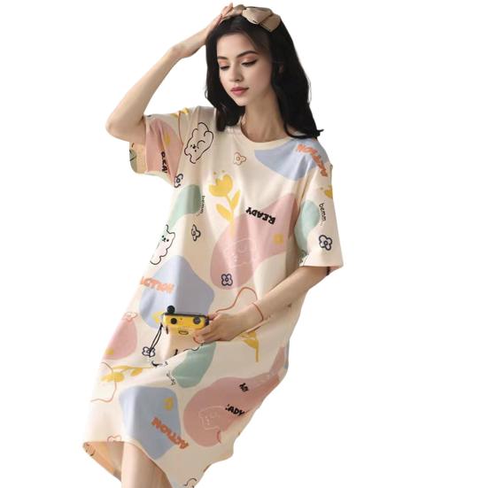 Женская летняя ночная рубашка с рисунком из мультфильма, О-образным вырезом, свободный короткий рукав, пуловер длиной до колена