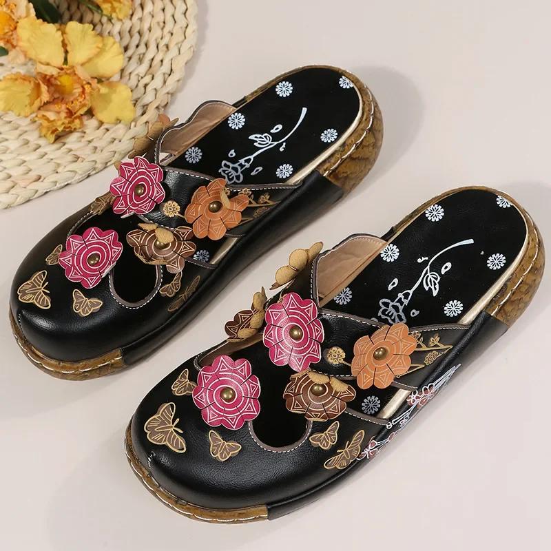 New Baotou Ethnic Slippers Bottom Flower Handmade Thick Sole Retro Women's Platform Sandals Zapatillas Mujer 2025
