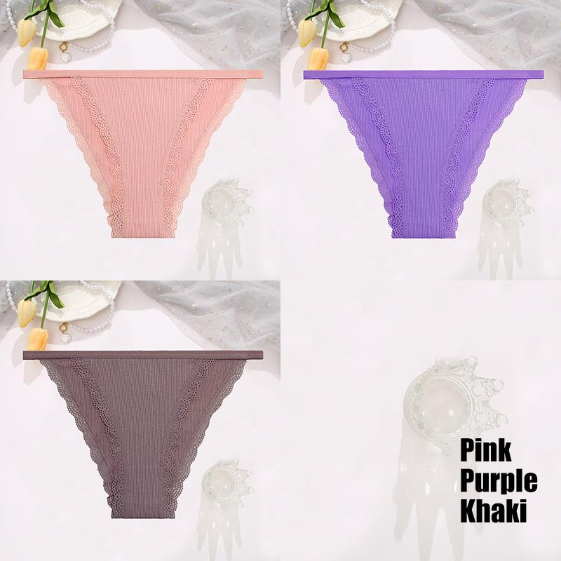 FINETOO 3Pcs/Set Sexy Lace Cotton Briefs Women Solid Comfortable Panties Female Soft Underwear Breathable Intimates Lingerie