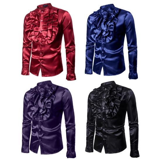 Мужская винтажная формальная рубашка однотонная с оборками воротник-стойка застежка на пуговицы мужская