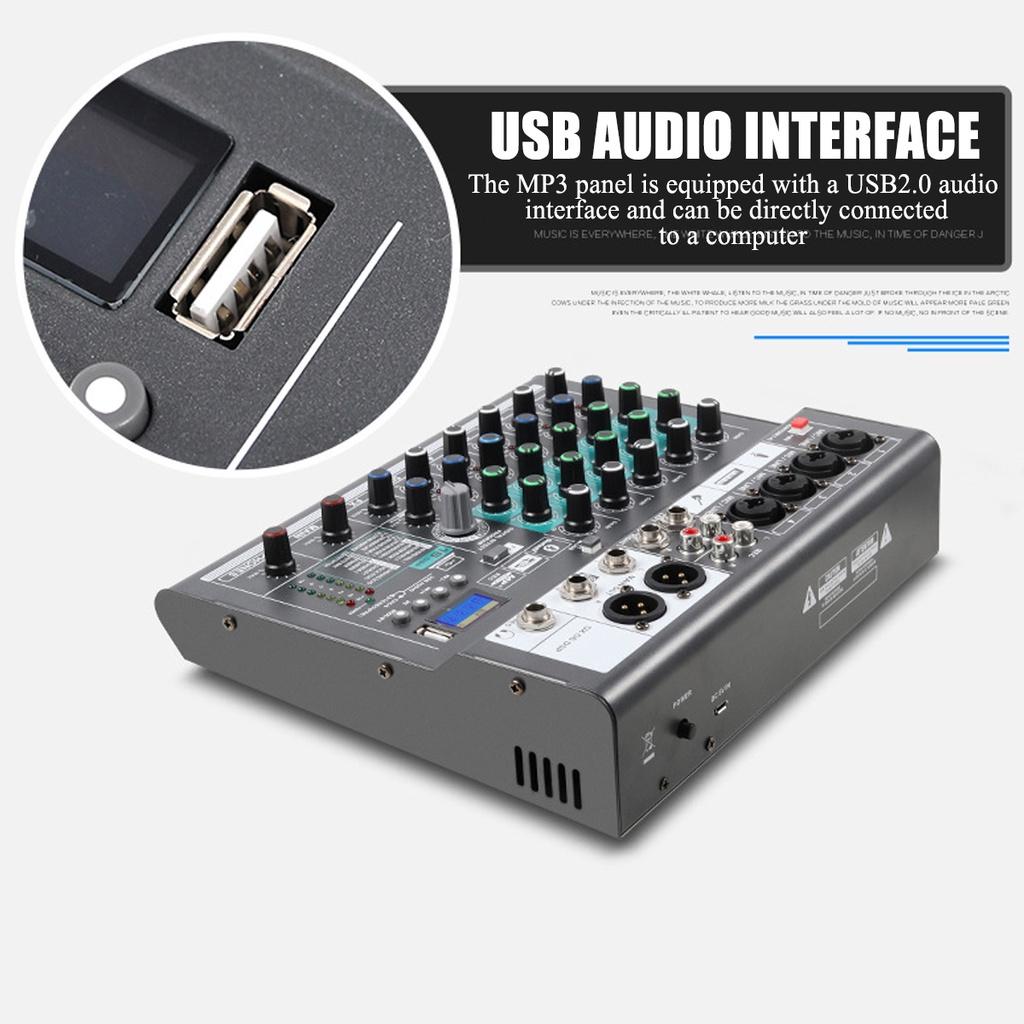 15W Professional Mixer Sound Mixing Console Computer Stage Recording USB Sound Card High Low Tone Bluetooth DJ Live Broadcast 6-channel