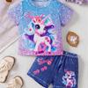 Magical Unicorn Print Girls Short Sleeve Top & Pony Shorts 2PCS Set - Adorable Summer Casual Wear for Holidays