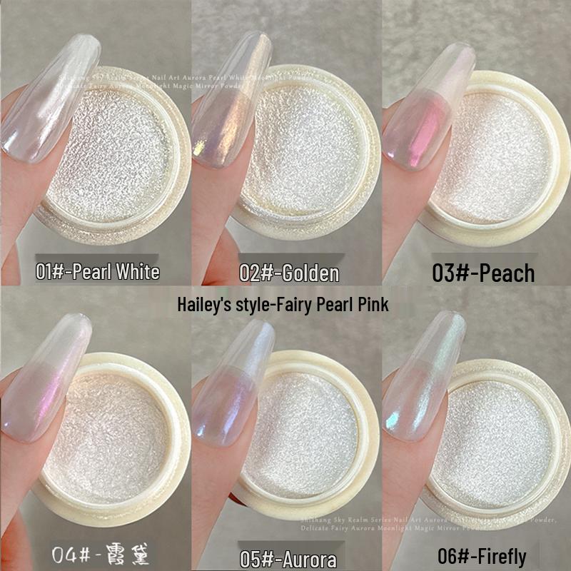 Маникюр с жемчужной пудрой Hailey Lux Satin: Свадебные ногти «Белый лунный свет»