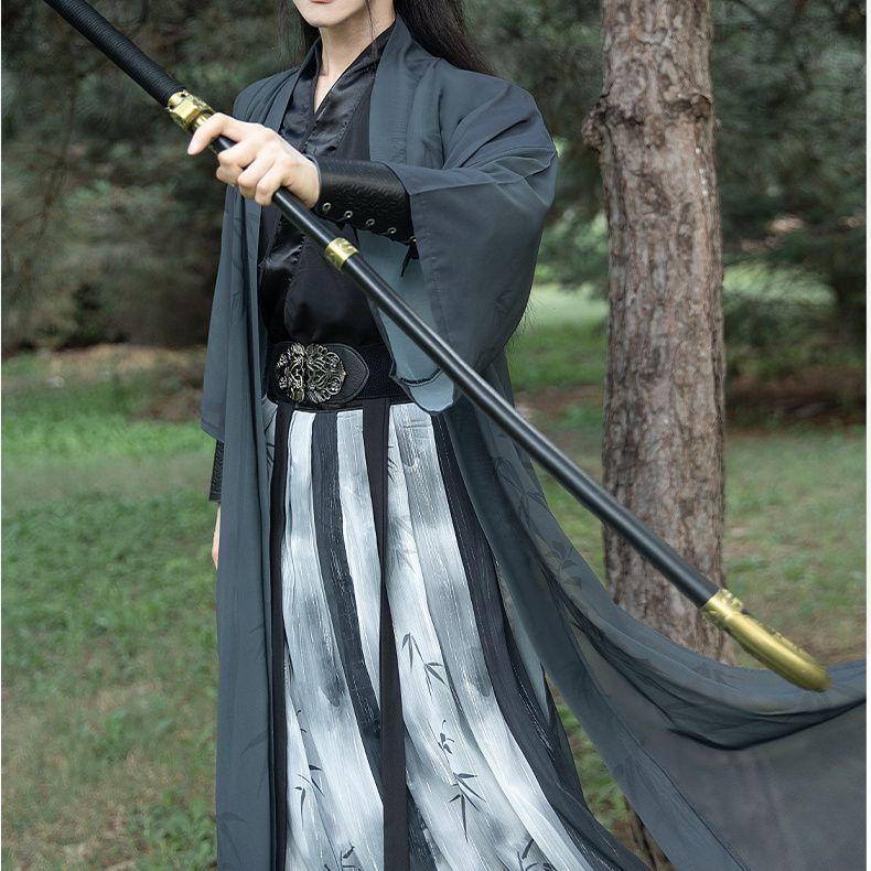 Мужской черный костюм Hanfu с принтом бамбука Song Bei Zi для боевых искусств с перекрестным воротником