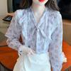 Мода 2024 Осень Повседневный Длинный Рукав Воротник-Бант Оборки Принт Шифон Блузка Рубашка Женские Топы Блузки Рубашки J510