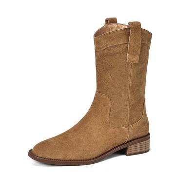 Туфли из коровьей замши нубука Осенне-зимние туфли Средний каблук Размер 42 Ковбойские сапоги Круглый носок Слипоны Ботильоны