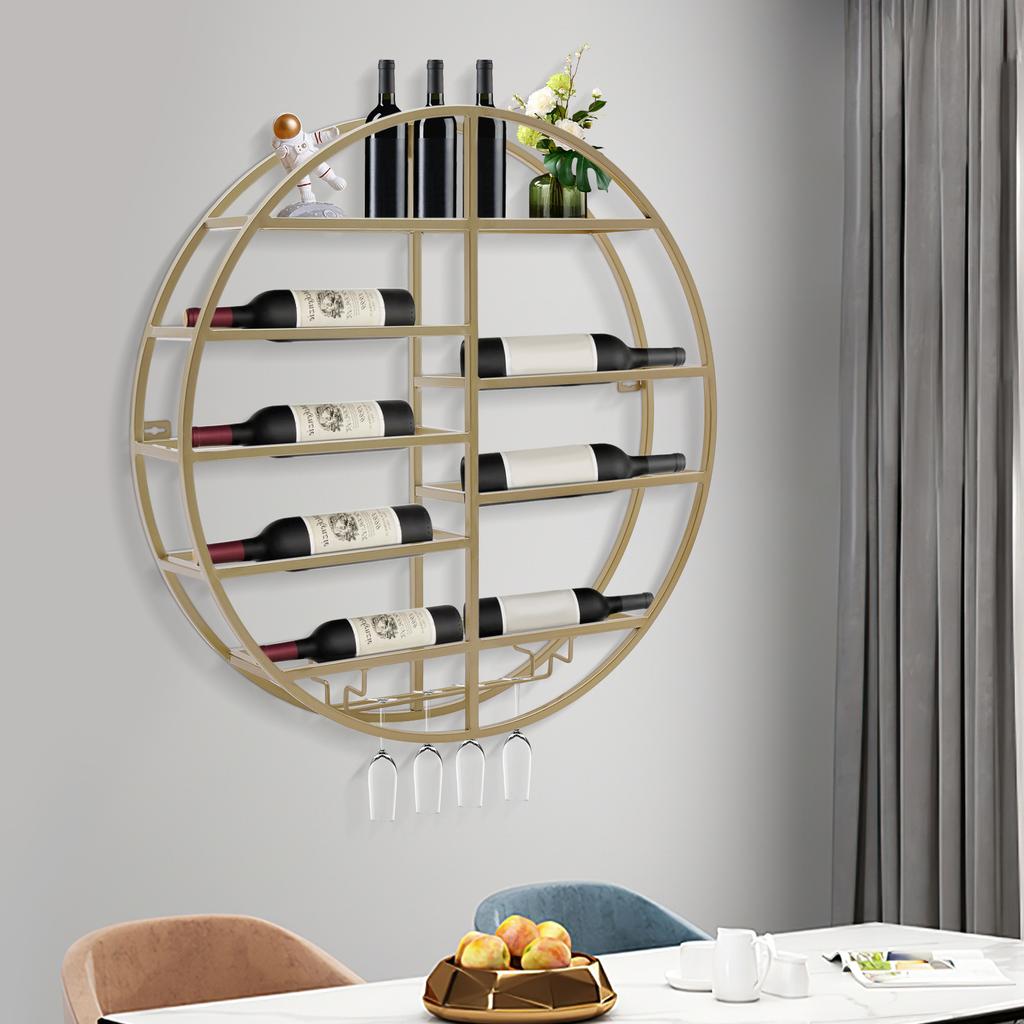 Золотая настенная винная полка, Круглая железная полка для 4 бокалов, Диаметр 60 см, Винтажное хранение для домашнего бара, Декор для кухни