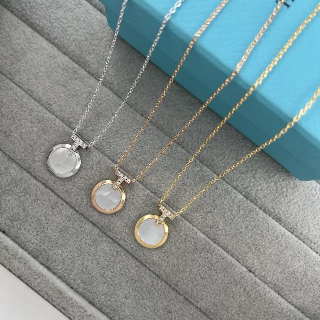 European & American T-shaped Gold Round White Mother-of-Pearl Turquoise Necklace - High-End, Colorfast Clavicle Chain