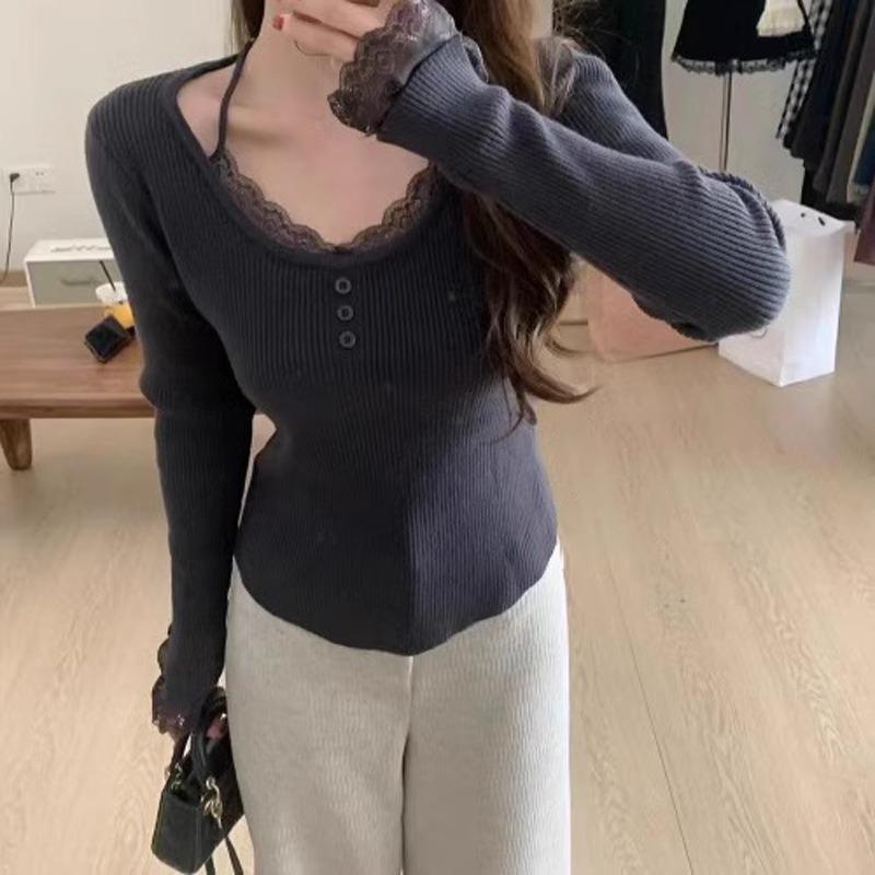 Lace Knitted Bottoming Shirt Women's Inner Season New Crew Neck Sweater Design Slim Top